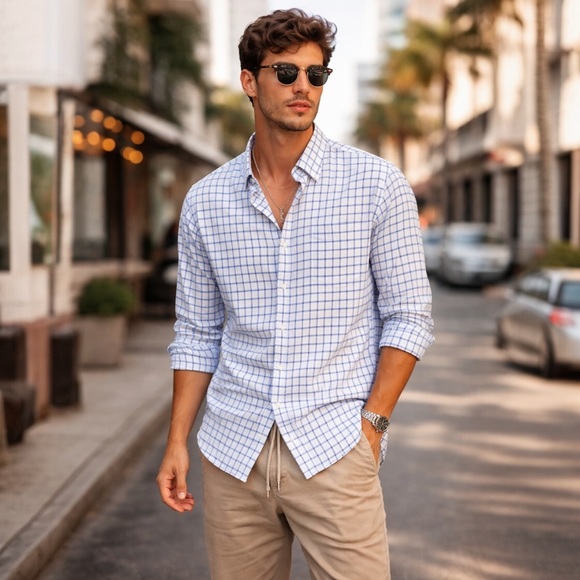 Peter Millar Other - Peter Millar Linen Blend Blue Plaid Button Down Shirt XXL Coastal‎ Preppy MN1